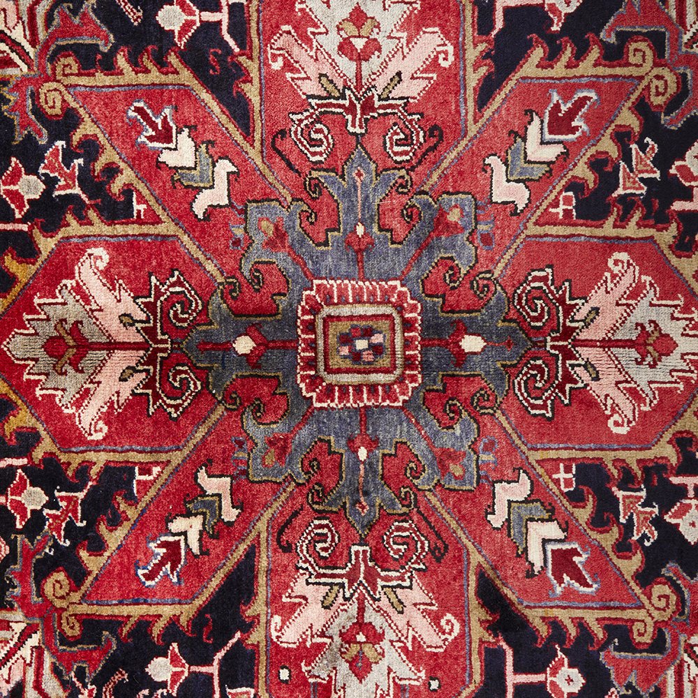 Persian Red Black Multi Colour Geometric Medallion Heriz Patterned Hand Knotted Wool Rug - 5