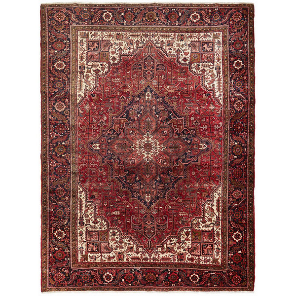Persian Red Beige Grey Heriz Medallion Floral Hand Knotted Pure Wool Rug