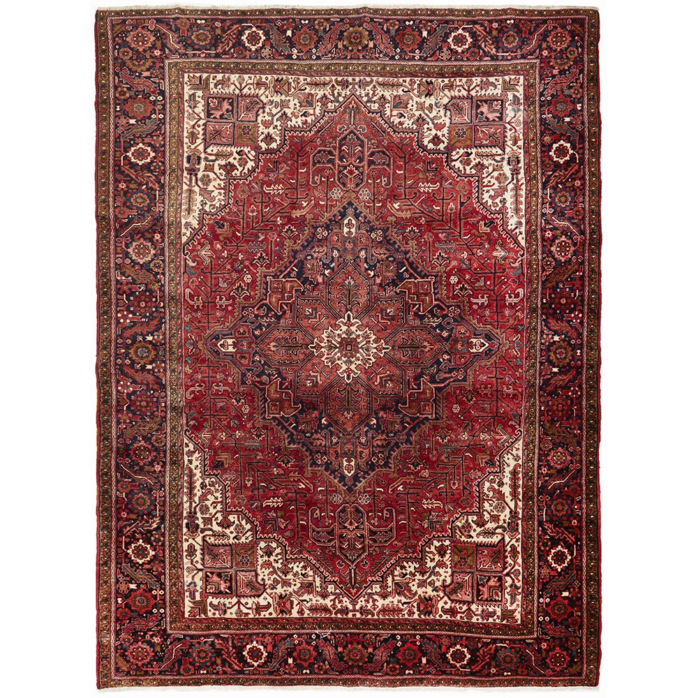 Persian Red Beige Grey Heriz Medallion Floral Hand Knotted Pure Wool Rug