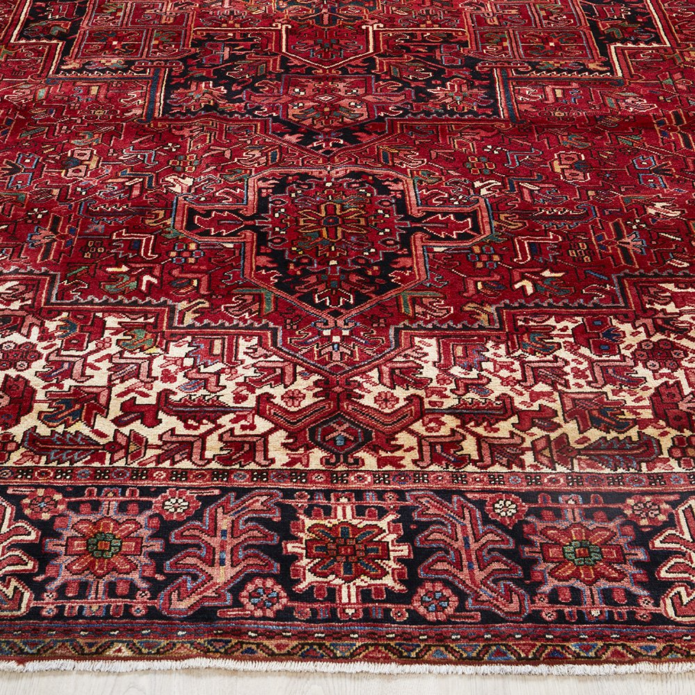 Persian Red Black Multi Colour Geometric Medallion Heriz Patterned Hand Knotted Wool Rug - 2