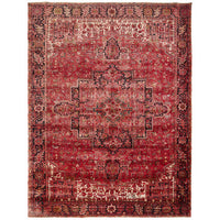 Persian Red Black Multi Colour Geometric Medallion Heriz Patterned Hand Knotted Wool Rug - 1