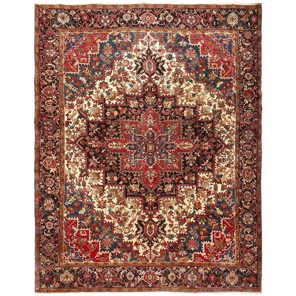 Persian Red Blue Beige Multi Colour Geometric Medallion Heriz Patterned Hand Knotted Wool Rug - 1