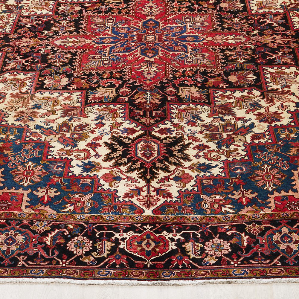 Persian Red Blue Beige Multi Colour Geometric Medallion Heriz Patterned Hand Knotted Wool Rug - 2