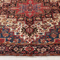 Persian Red Blue Beige Multi Colour Geometric Medallion Heriz Patterned Hand Knotted Wool Rug - 2