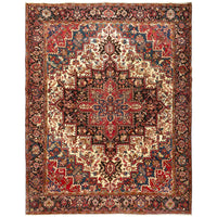 Persian Red Blue Beige Multi Colour Geometric Medallion Heriz Patterned Hand Knotted Wool Rug - 1