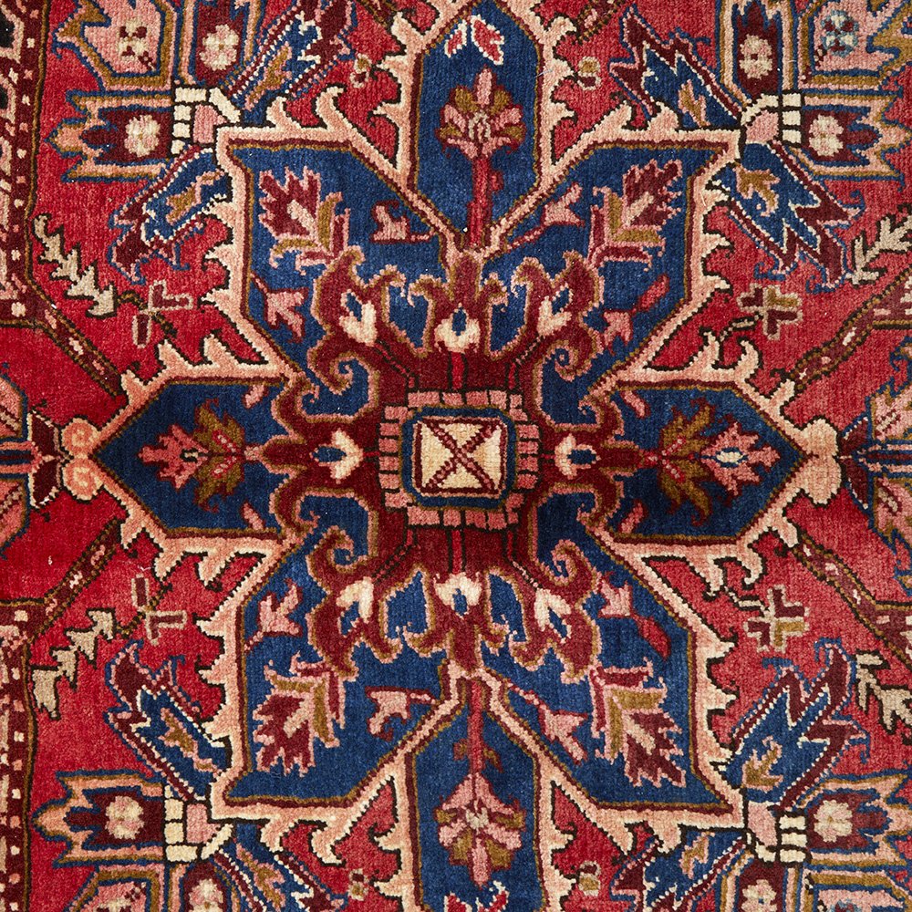 Persian Red Blue Beige Multi Colour Geometric Medallion Heriz Patterned Hand Knotted Wool Rug - 5