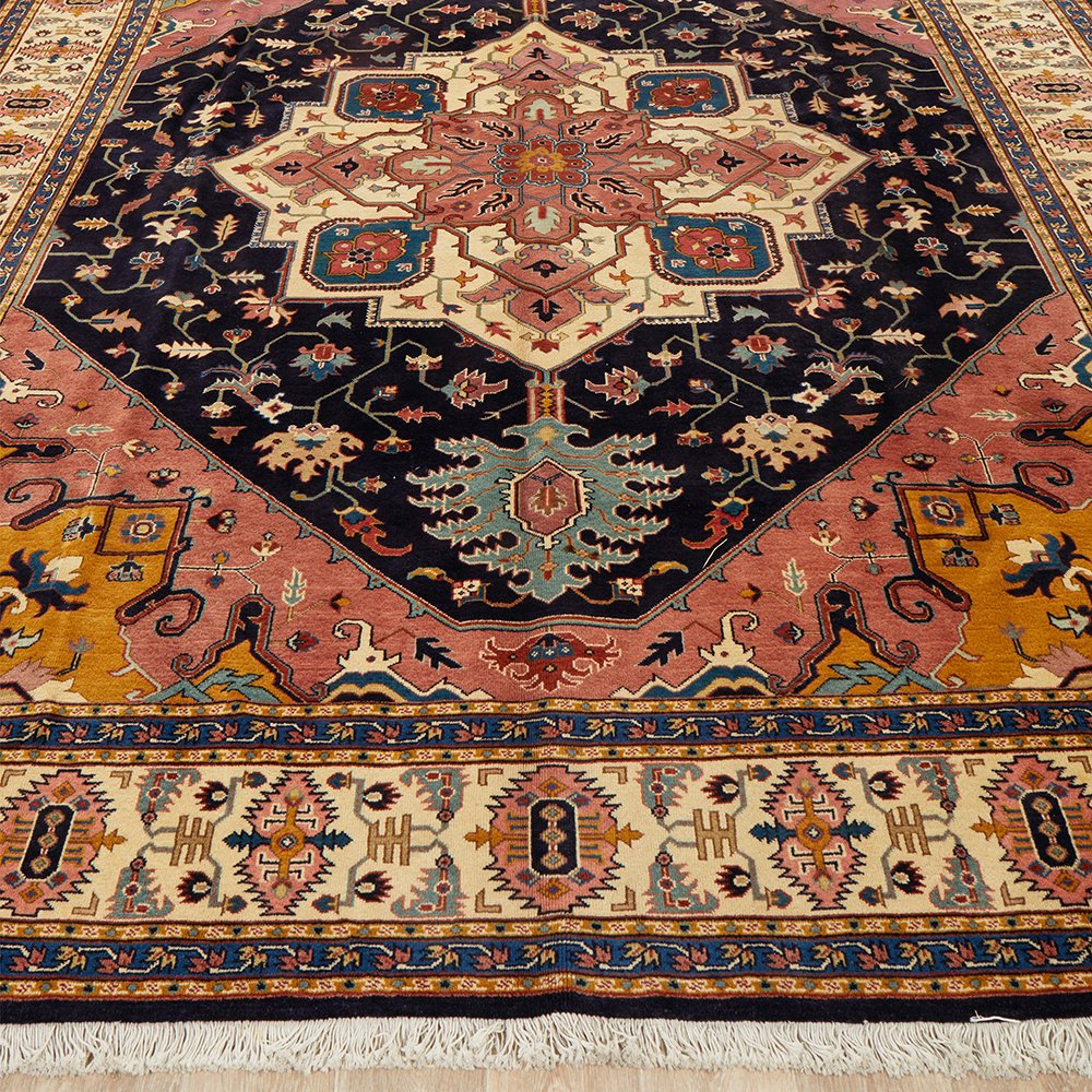 Persian Peach Blue Beige Multi Colour Geometric Medallion Heriz Patterned Hand Knotted Wool Rug - 2