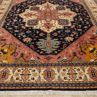 Persian Peach Blue Beige Multi Colour Geometric Medallion Heriz Patterned Hand Knotted Wool Rug - 2