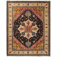 Persian Peach Blue Beige Multi Colour Geometric Medallion Heriz Patterned Hand Knotted Wool Rug - 1