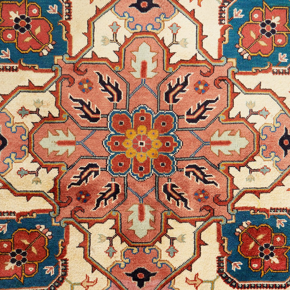 Persian Peach Blue Beige Multi Colour Geometric Medallion Heriz Patterned Hand Knotted Wool Rug - 5