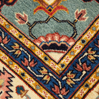 Persian Peach Blue Beige Multi Colour Geometric Medallion Heriz Patterned Hand Knotted Wool Rug - 6