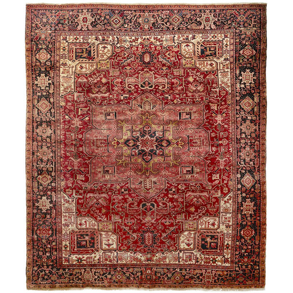 Persian Red Blue Beige Multi Colour Geometric Medallion Heriz Patterned Hand Knotted Wool Rug - 1