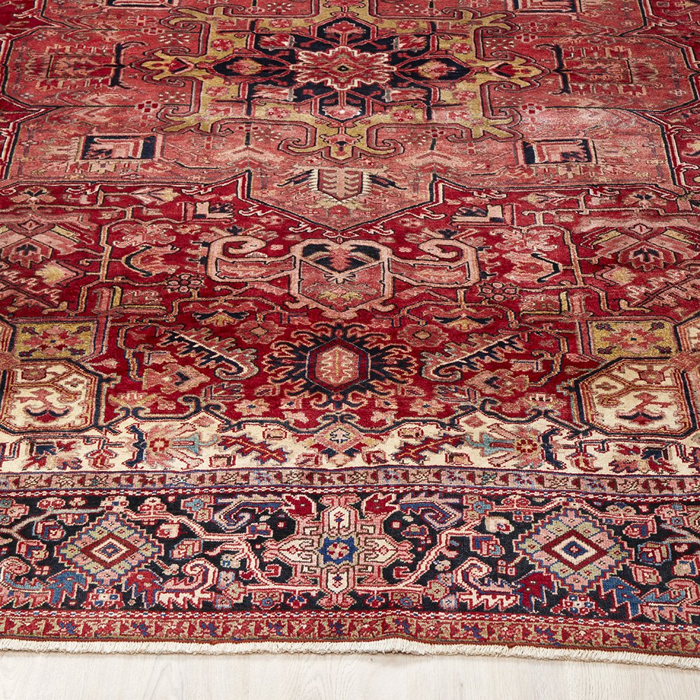 Persian Red Blue Beige Multi Colour Geometric Medallion Heriz Patterned Hand Knotted Wool Rug - 2