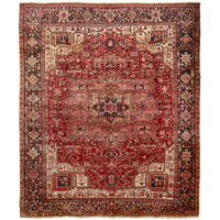 Persian Red Blue Beige Multi Colour Geometric Medallion Heriz Patterned Hand Knotted Wool Rug - 1
