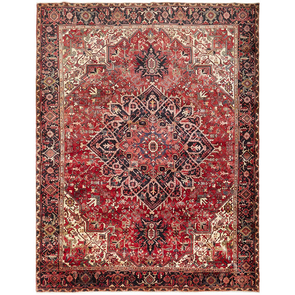 Persian Red Blue Beige Multi Colour Geometric Medallion Heriz Patterned Hand Knotted Wool Rug - 1