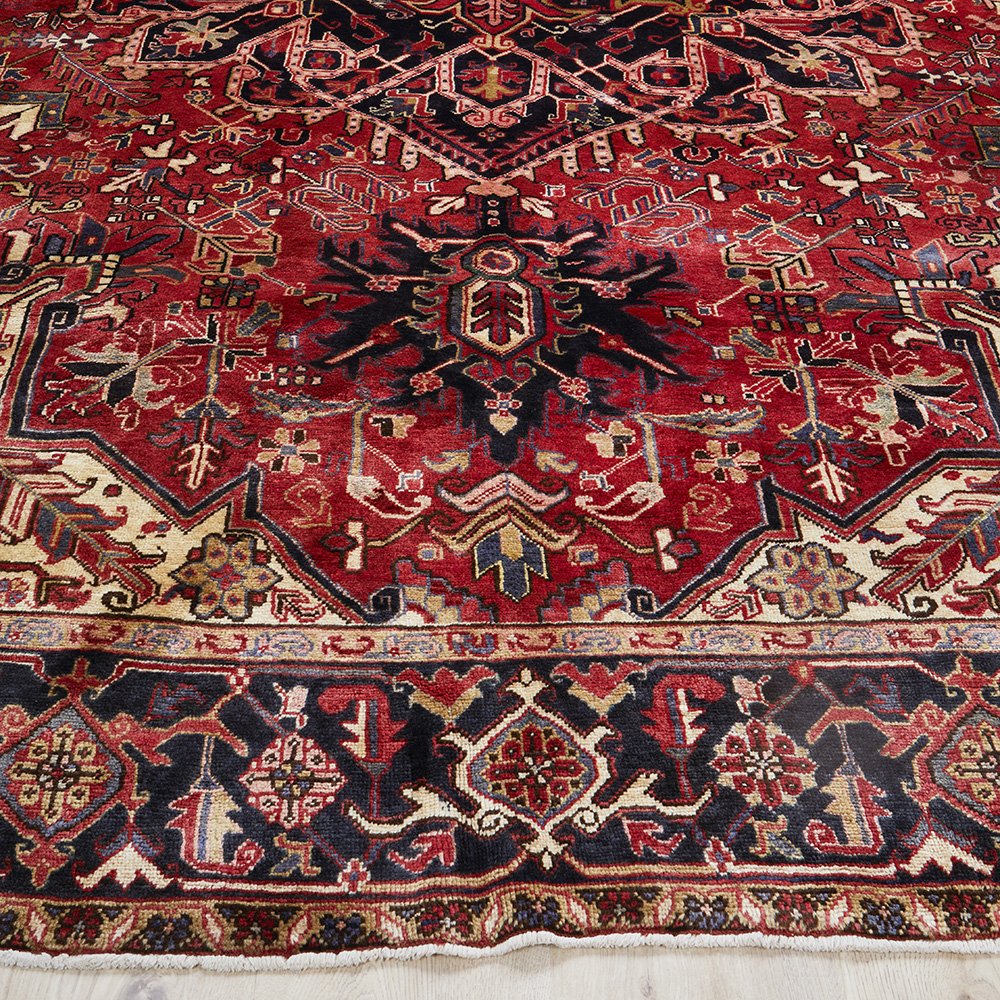 Persian Red Blue Beige Multi Colour Geometric Medallion Heriz Patterned Hand Knotted Wool Rug - 2