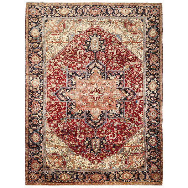 Persian Red Blue Beige Multi Colour Geometric Medallion Heriz Patterned Hand Knotted Wool Rug - 1