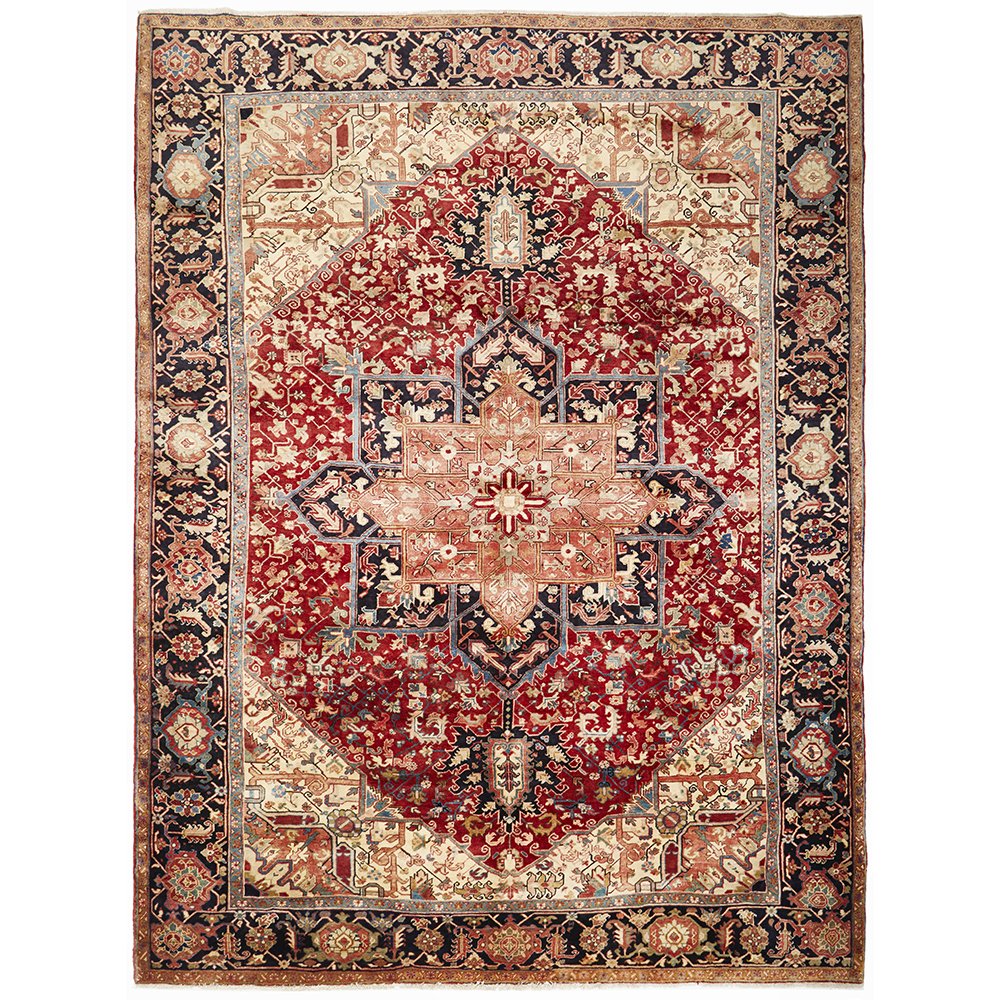 Persian Red Blue Beige Multi Colour Geometric Medallion Heriz Patterned Hand Knotted Wool Rug - 1