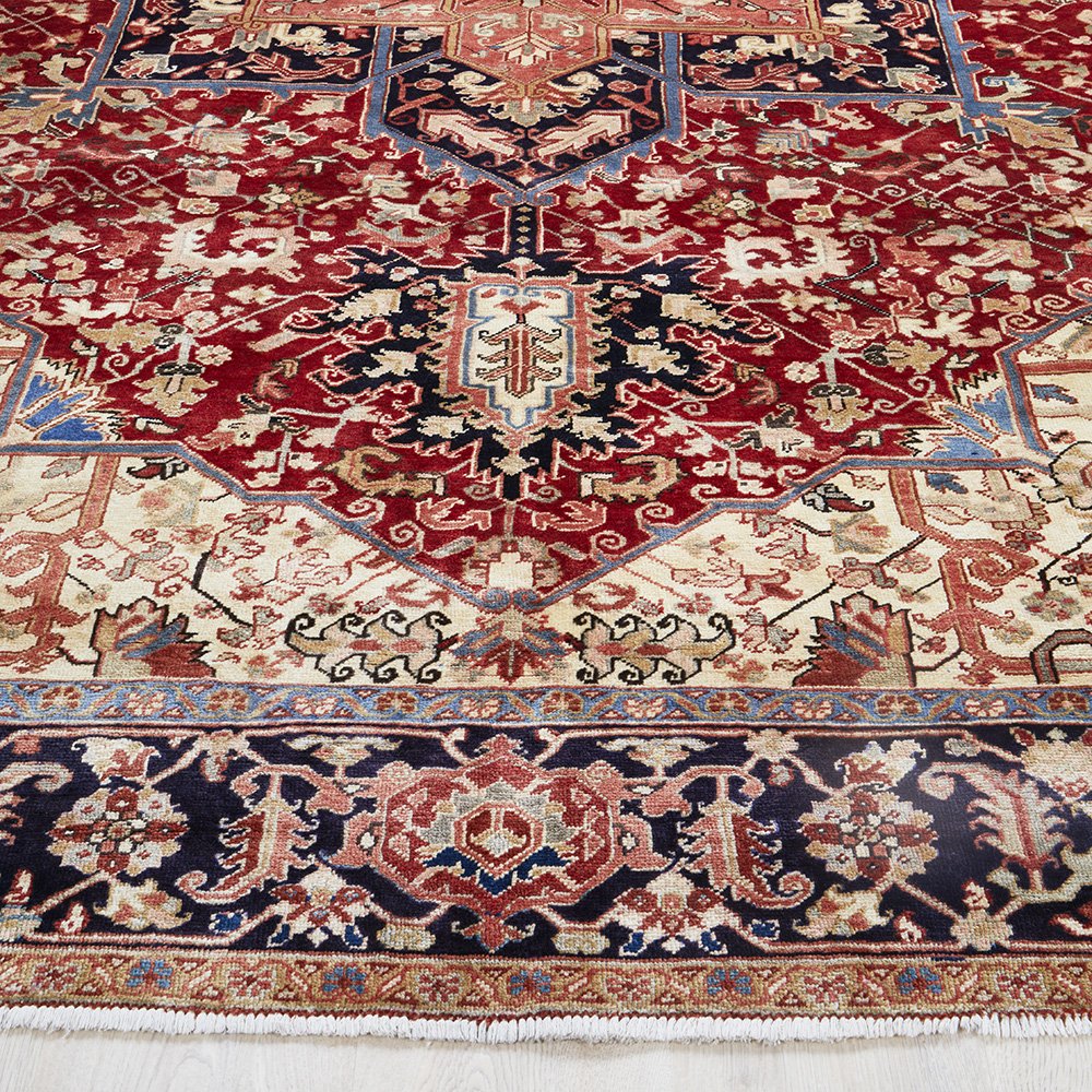 Persian Red Blue Beige Multi Colour Geometric Medallion Heriz Patterned Hand Knotted Wool Rug - 2