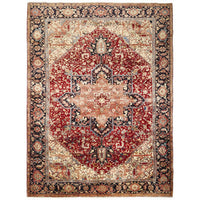 Persian Red Blue Beige Multi Colour Geometric Medallion Heriz Patterned Hand Knotted Wool Rug - 1