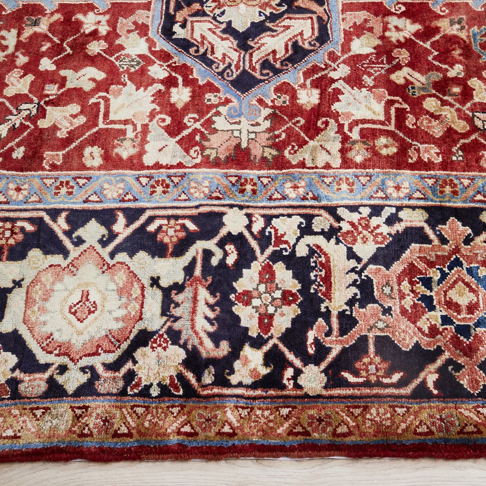 Persian Red Blue Beige Multi Colour Geometric Medallion Heriz Patterned Hand Knotted Wool Rug - 4