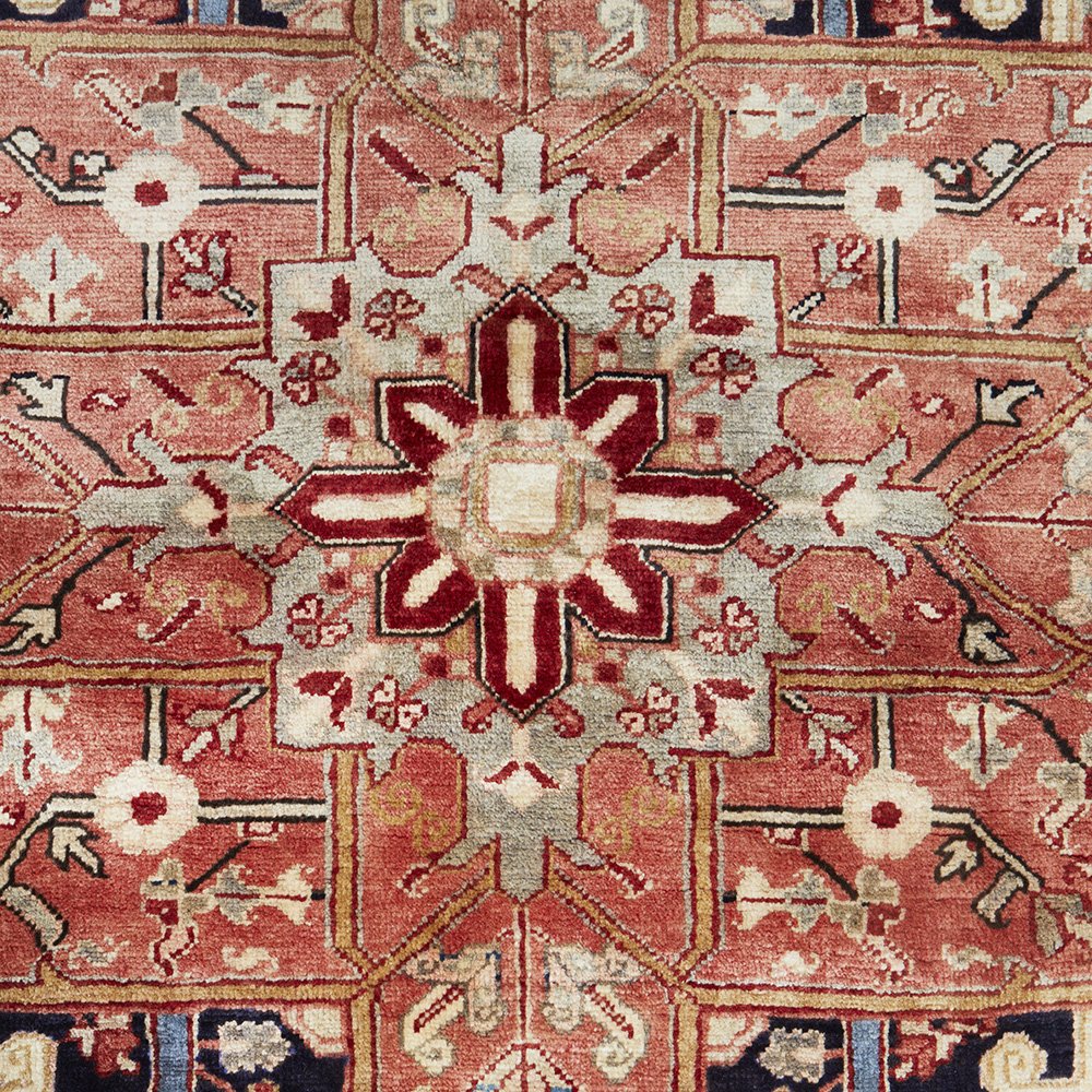 Persian Red Blue Beige Multi Colour Geometric Medallion Heriz Patterned Hand Knotted Wool Rug - 5