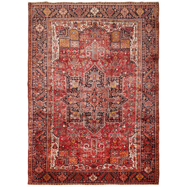 Persian Red Blue Beige Multi Colour Geometric Medallion Heriz Patterned Hand Knotted Wool Rug