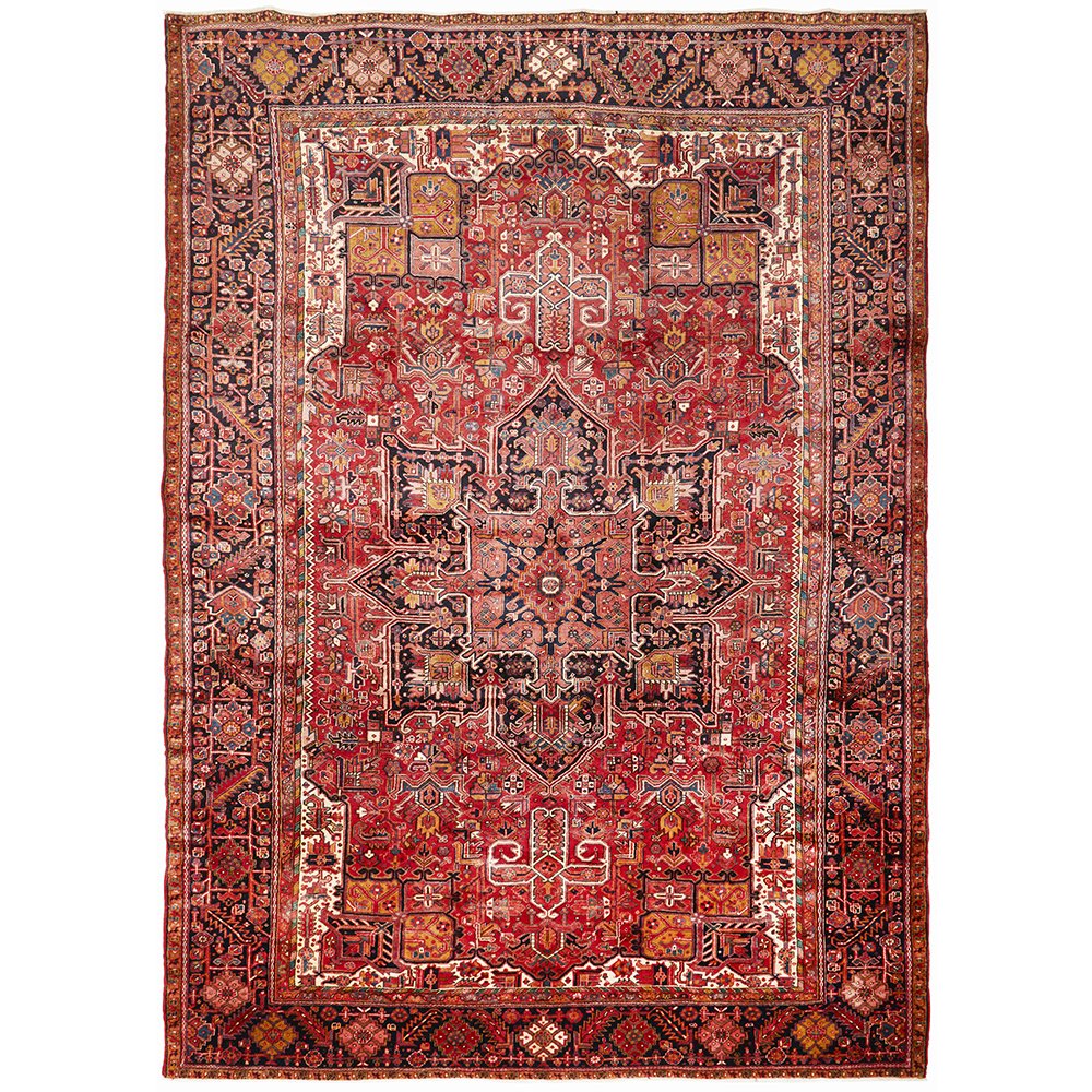 Persian Red Blue Beige Multi Colour Geometric Medallion Heriz Patterned Hand Knotted Wool Rug