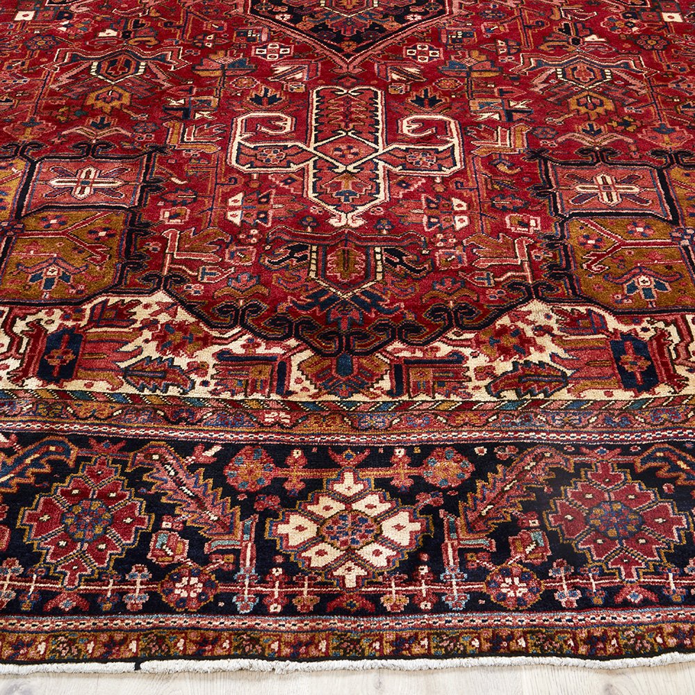Persian Red Blue Beige Multi Colour Geometric Medallion Heriz Patterned Hand Knotted Wool Rug