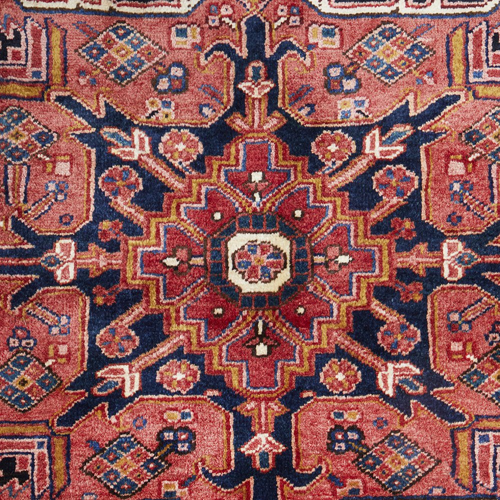 Persian Red Blue Beige Multi Colour Geometric Medallion Heriz Patterned Hand Knotted Wool Rug