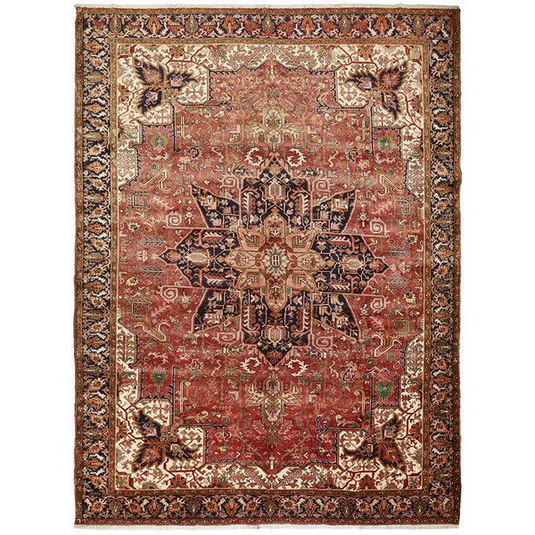 Persian Red Blue Green Beige Multi Colour Geometric Medallion Heriz Patterned Hand Knotted Wool Rug - 1
