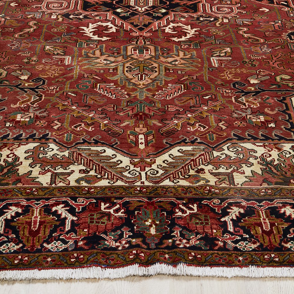 Persian Red Blue Green Beige Multi Colour Geometric Medallion Heriz Patterned Hand Knotted Wool Rug - 2