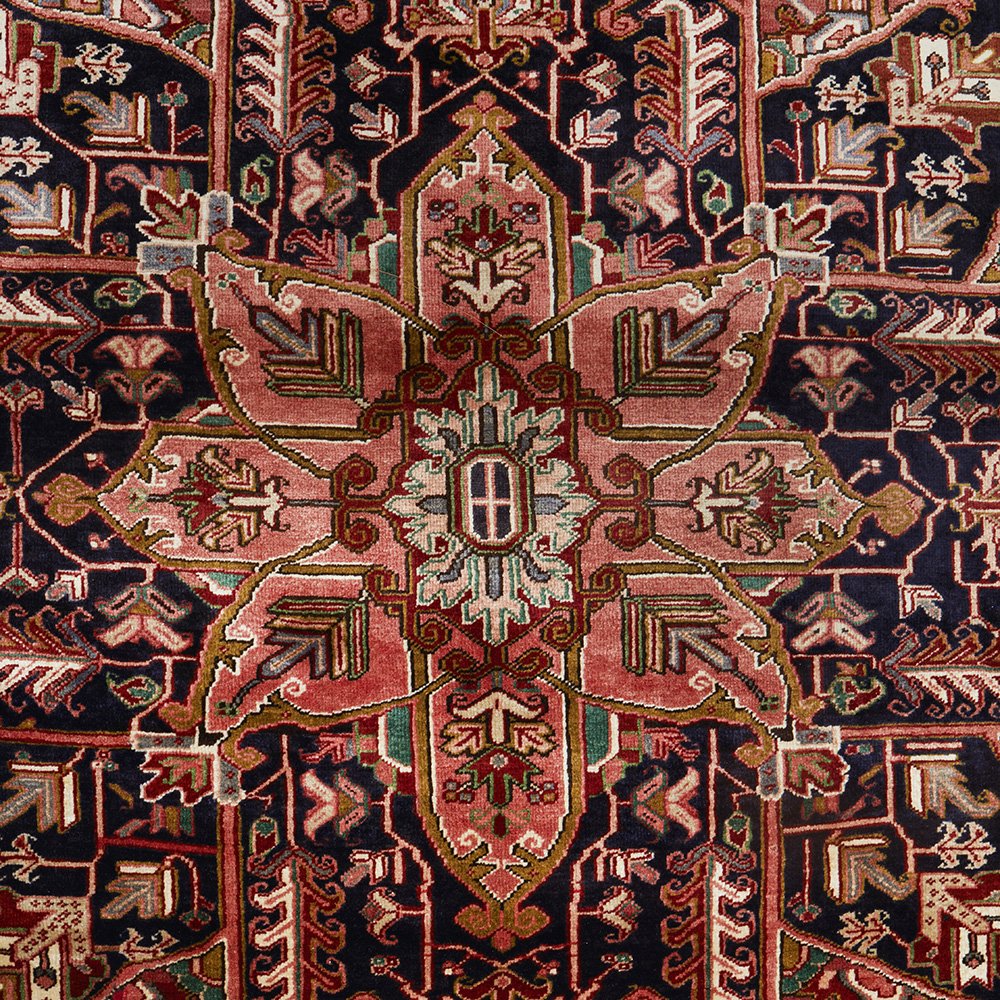 Persian Red Blue Green Beige Multi Colour Geometric Medallion Heriz Patterned Hand Knotted Wool Rug - 5