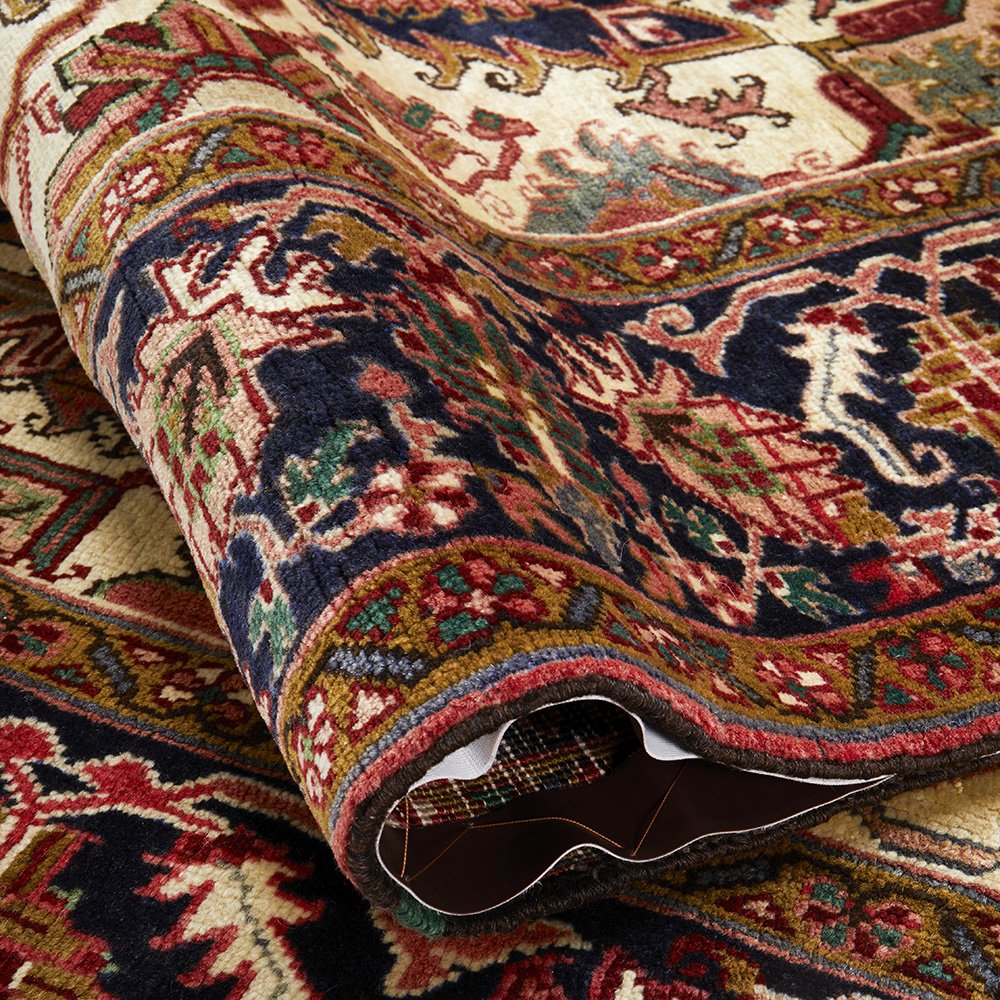 Persian Red Blue Green Beige Multi Colour Geometric Medallion Heriz Patterned Hand Knotted Wool Rug - 7