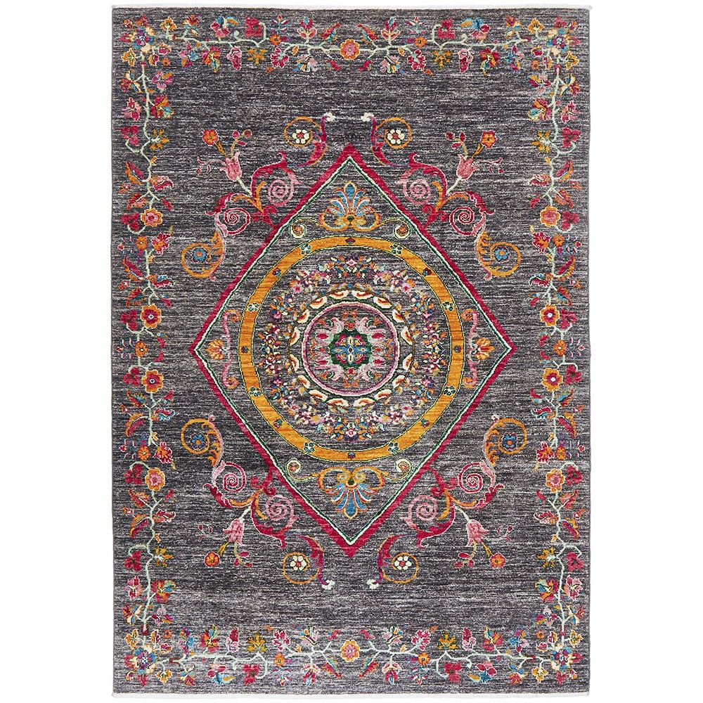 Persian Kuchi Grey Multi Colour Medallion Floral Hand Knotted Pure Wool Afghan Rug - Rugs Of Beauty - 1
