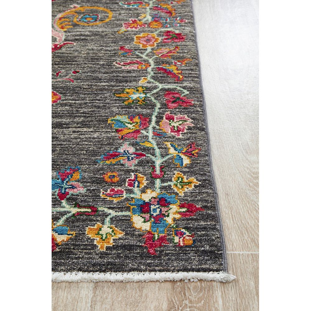 Persian Kuchi Grey Multi Colour Medallion Floral Hand Knotted Pure Wool Afghan Rug - Rugs Of Beauty - 3
