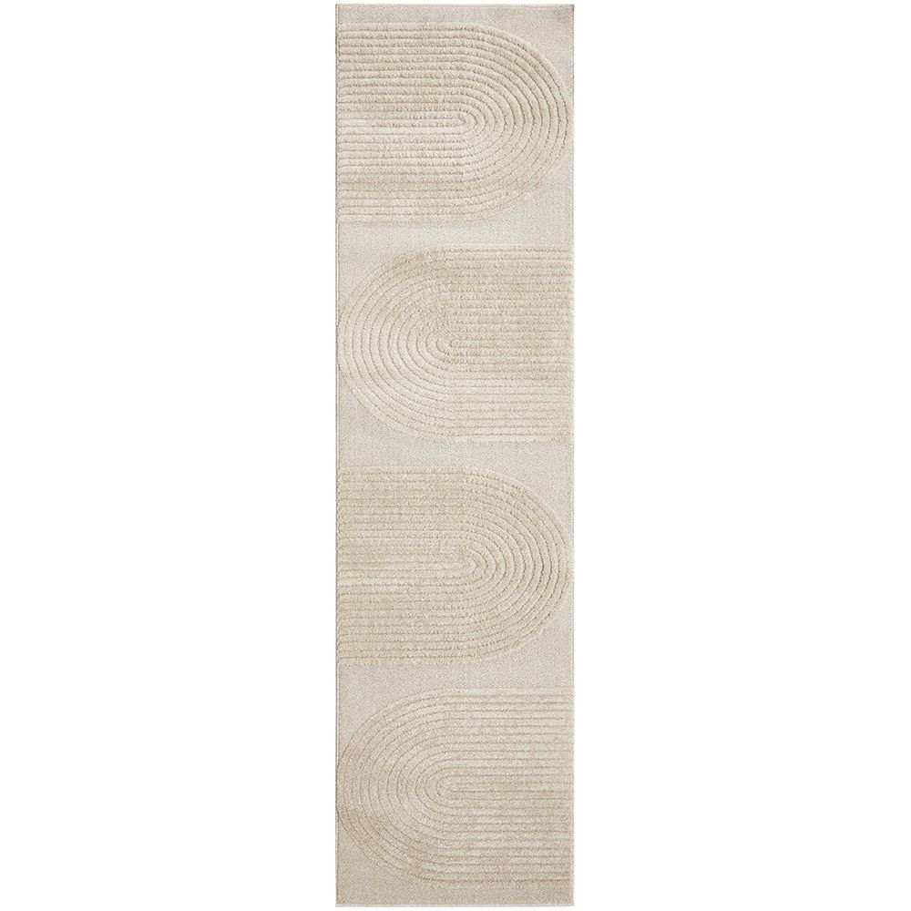 Beige runner rug with modern curved linear pattern and subtle texture.