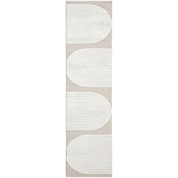 Beige runner rug with white modern geometric arch patterns and textured weave.