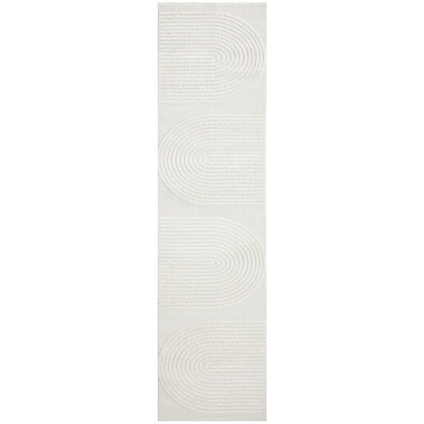 White modern runner rug with subtle curved line patterns and a textured finish.