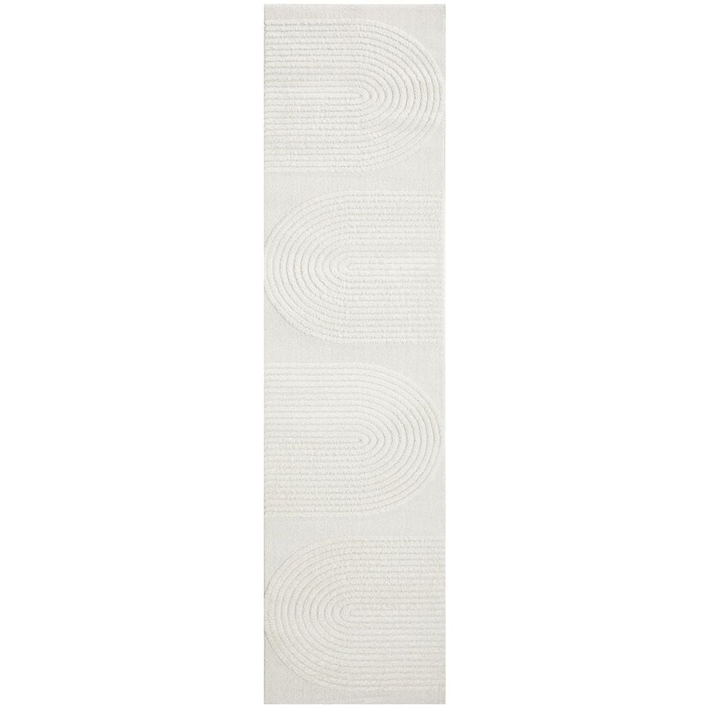 White modern runner rug with subtle curved line patterns and a textured finish.