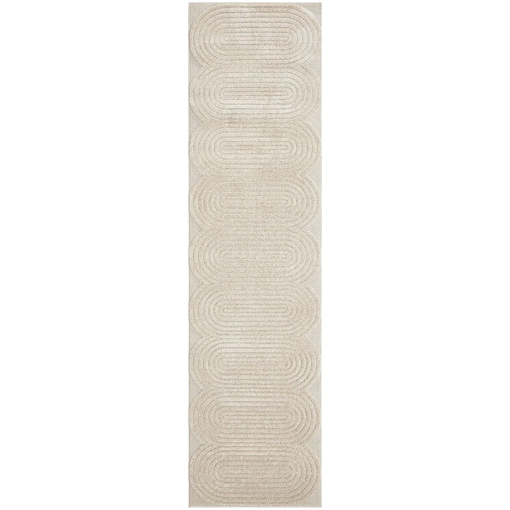 Beige runner rug with modern geometric oval pattern and textured design.