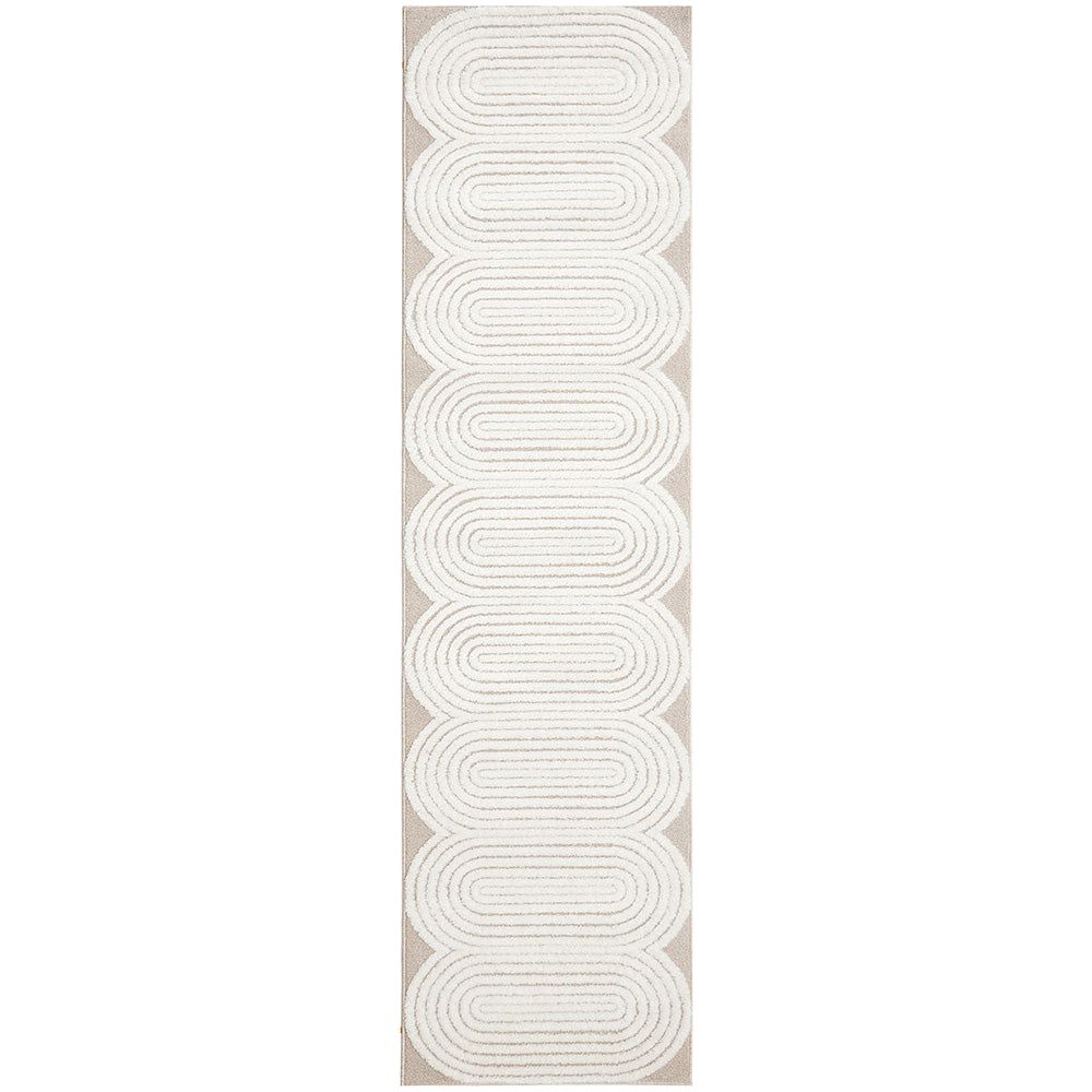 Beige and white runner rug with modern geometric oval pattern and textured weave.