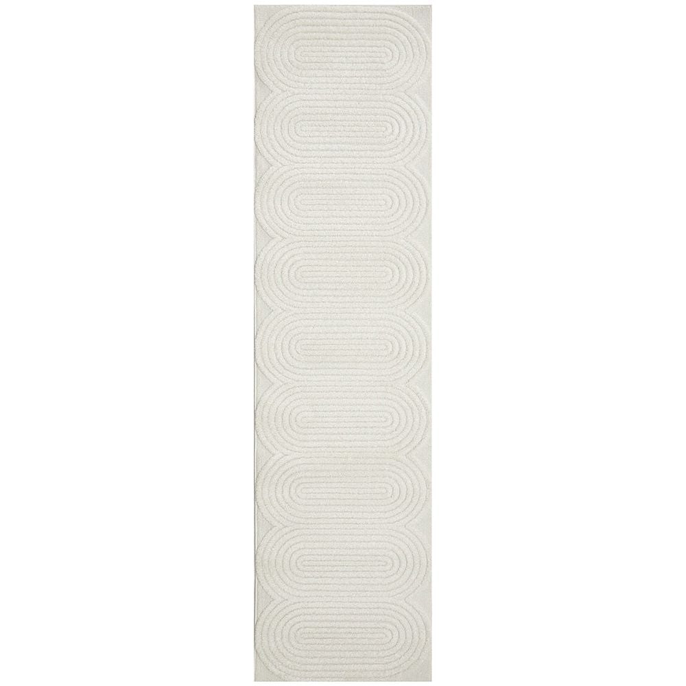 White runner rug with subtle modern concentric circle pattern and textured 12mm pile.