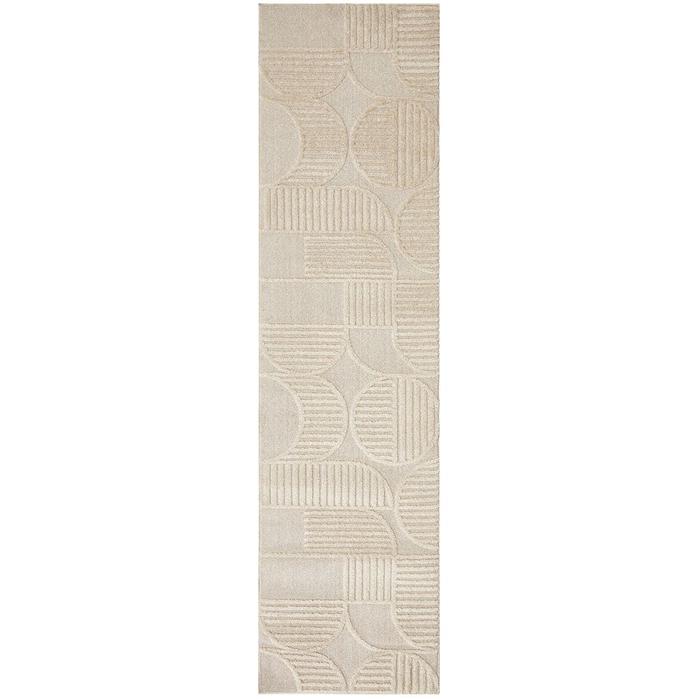 Beige runner rug with modern geometric pattern and textured lines in neutral tones.