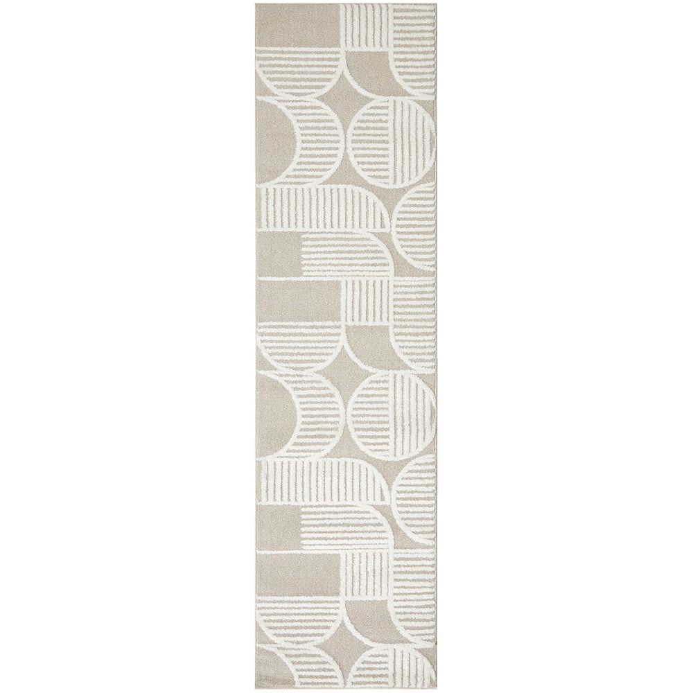 Beige and white runner rug with modern geometric pattern featuring arcs and stripes.