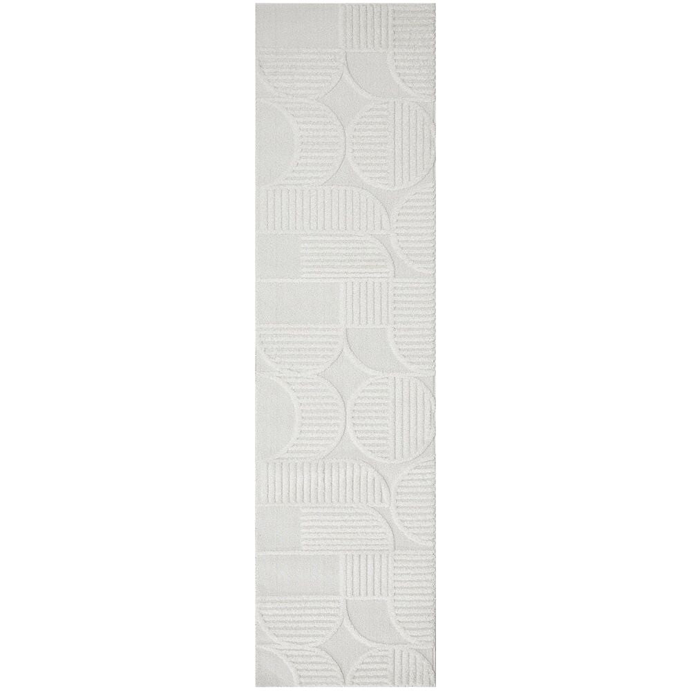 White runner rug with subtle geometric pattern in modern neutral tones.