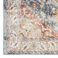 Blue, orange, and beige traditional patterned runner rug corner with intricate floral and geometric designs.