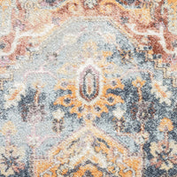 Blue and orange traditional patterned runner rug with intricate multi-colored motifs and textured weave.