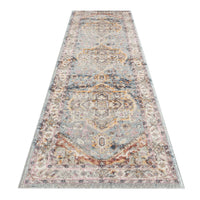 Blue multi-colored traditional patterned runner rug with intricate floral and geometric designs.