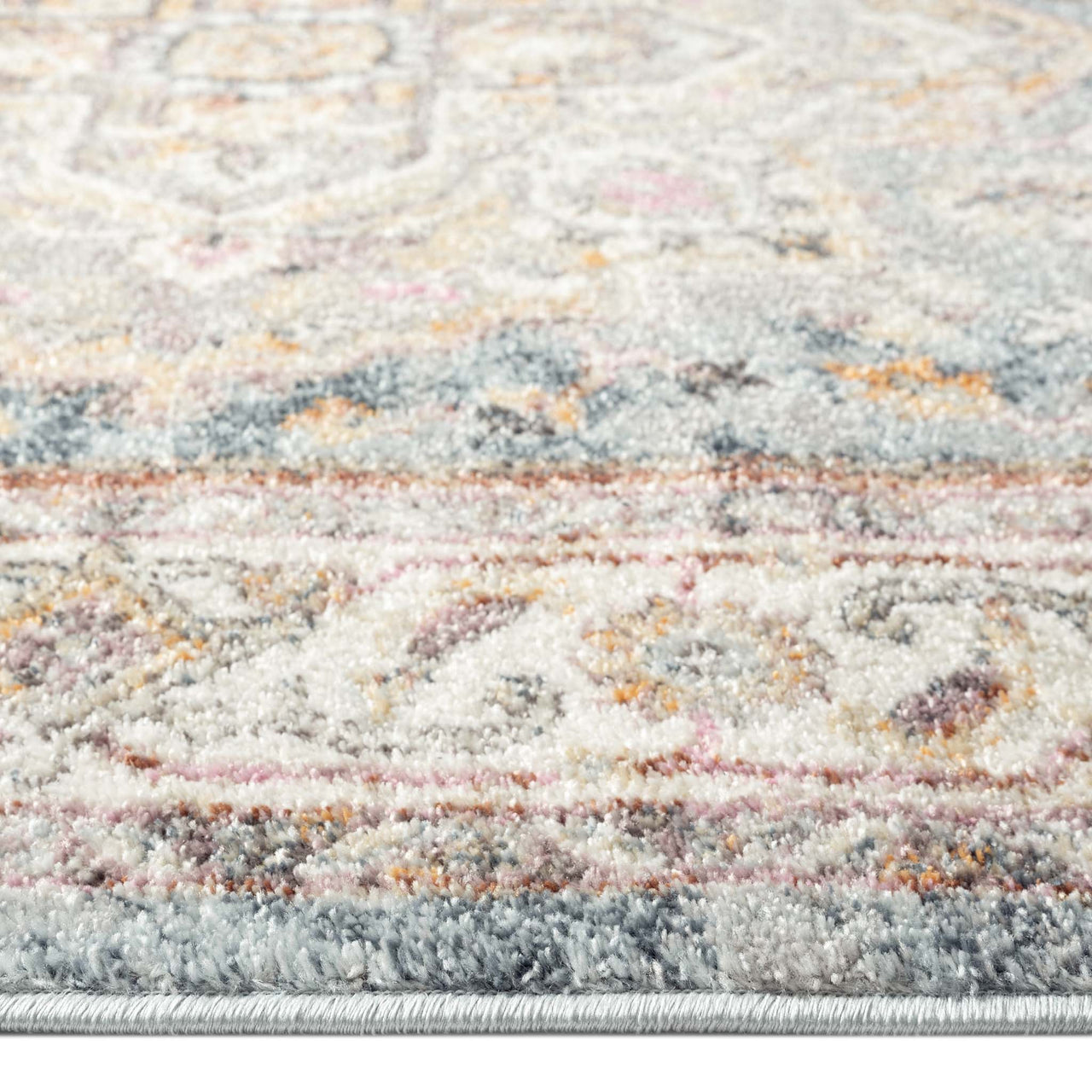 Blue multi-colored traditional patterned runner rug with intricate geometric details and soft polypropylene texture.